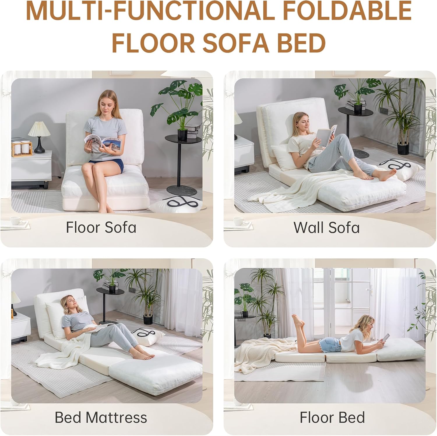 Cvortll 4-in-1 Folding Sofa Bed, Memory Foam Bean Bag Chair, Large Convertible Couch for Adults, Bedroom, Living Room, Apartment (Beige-Small)