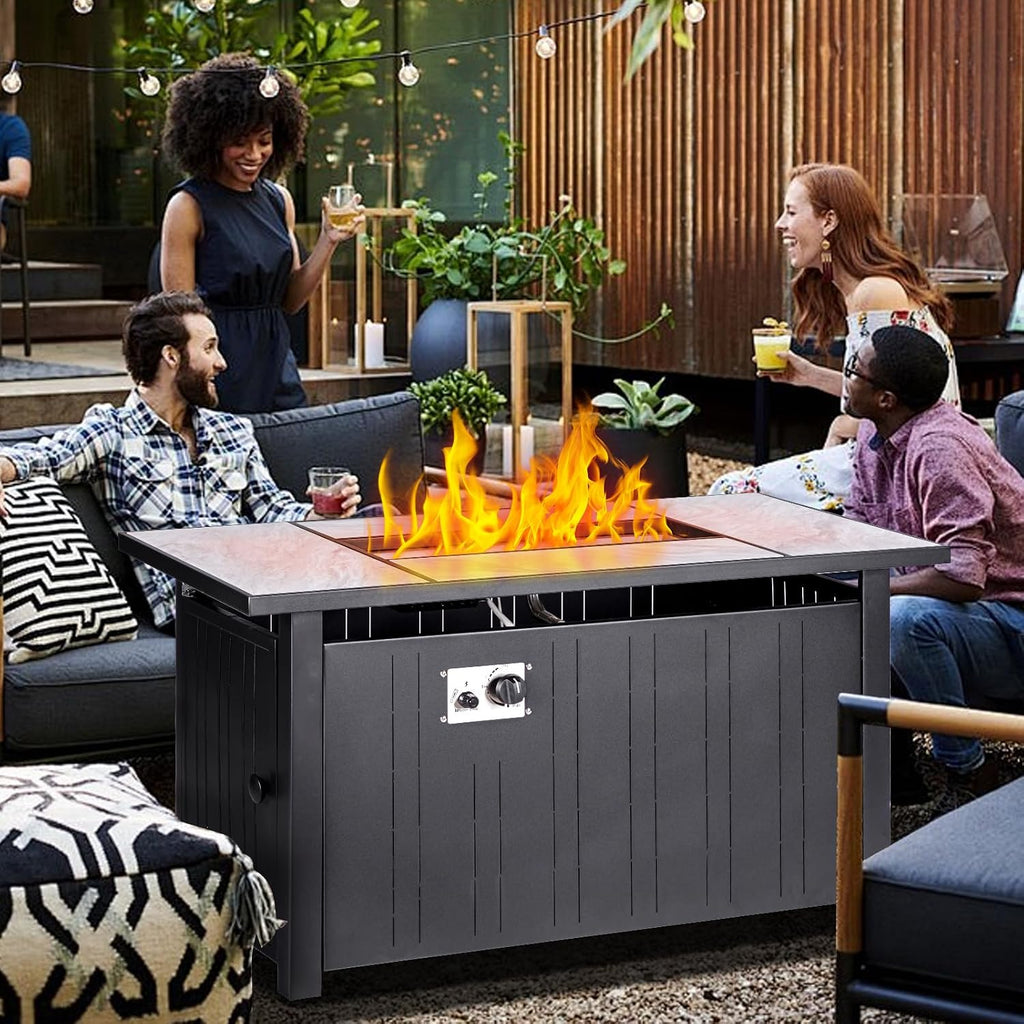 OutVue 47' Propane Fire Pit Table with Real Ceramic Tabletop, 50000 BTU Gas Firepit Table with Lid & Lava Stones, Outdoor Fire Pit for Dining or Party, Firepit for Outside, Patio