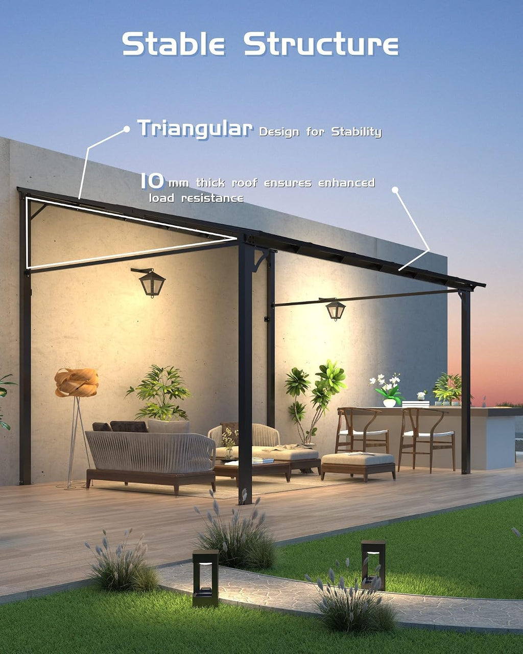 12'x 14'Wall Mounted Gazebo, Hardtop Lean-to Pergola with Polycarbonate Roof, Heavy Duty Outdoor Patio Awnings for Deck, Porch, Backyard, Garden, Weather Resistant, Brown