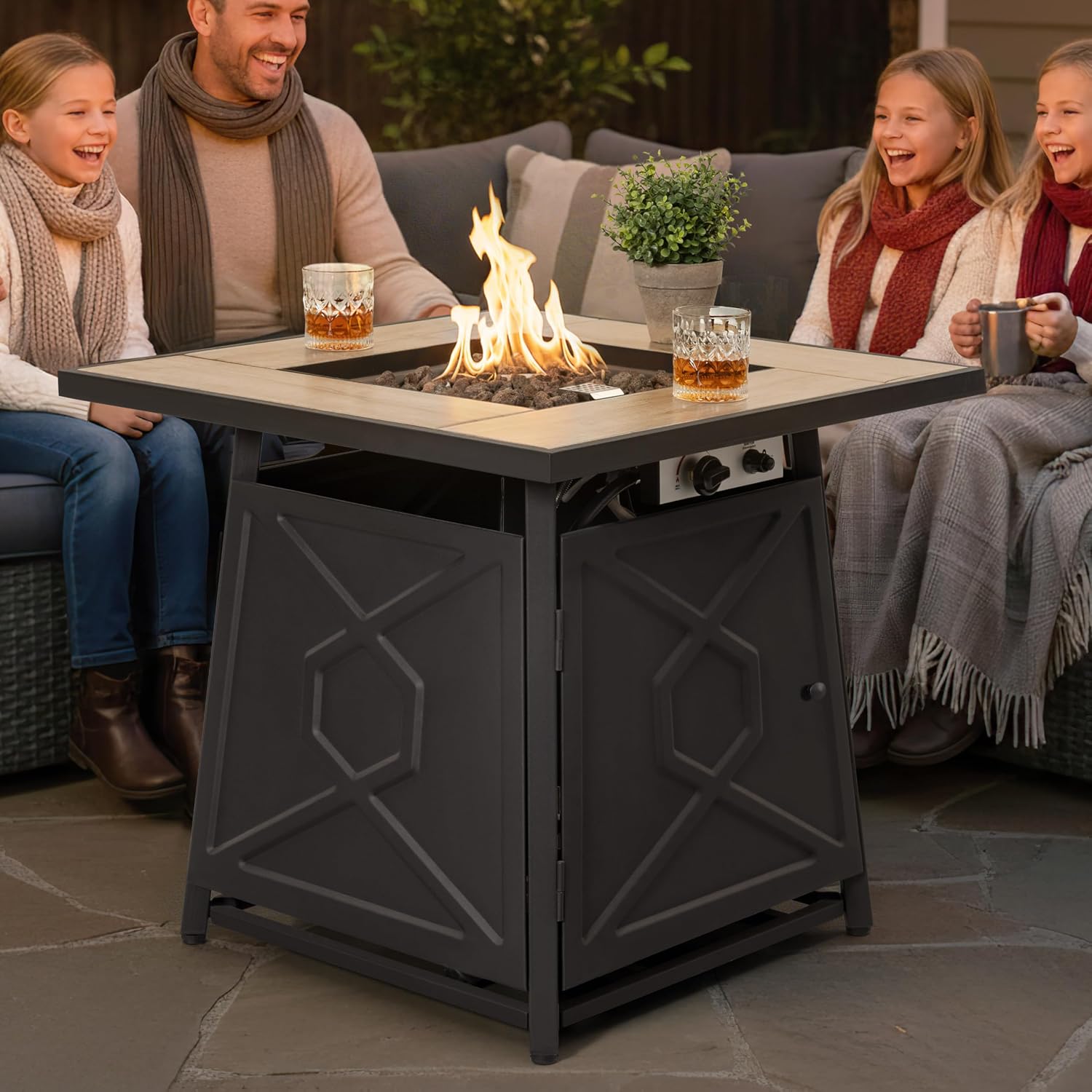 Nuu Garden 28 Inch Outdoor Propane Fire Pit Table, 50,000 BTU Square Gas Fire Table with Ceramic Tabletop, Lid, Cover, Lava Rock for Garden Backyard Party, Black