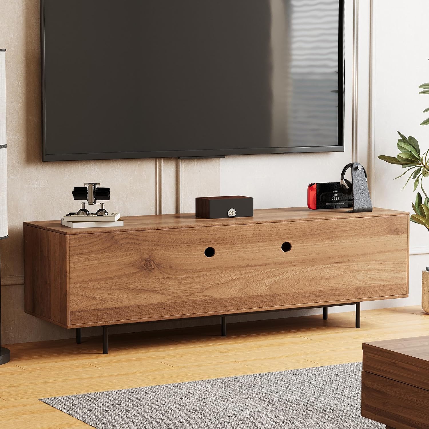 70.87' Mid Century Modern TV Stand, Walnut Media Console for 70 Inch TVs, Entertainment Cabinet with 4 Storage Compartments for Living Room or Bedroom