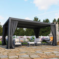 Kiss the Water 12'x16' Adjustable Louvered Pergola with Curtains & Netting, Heavy-Duty Metal Outdoor Gazebo with Adjustable Roof and Gutter System, Hardtop Patio Pergola for Garden, Yard, Dark Gray