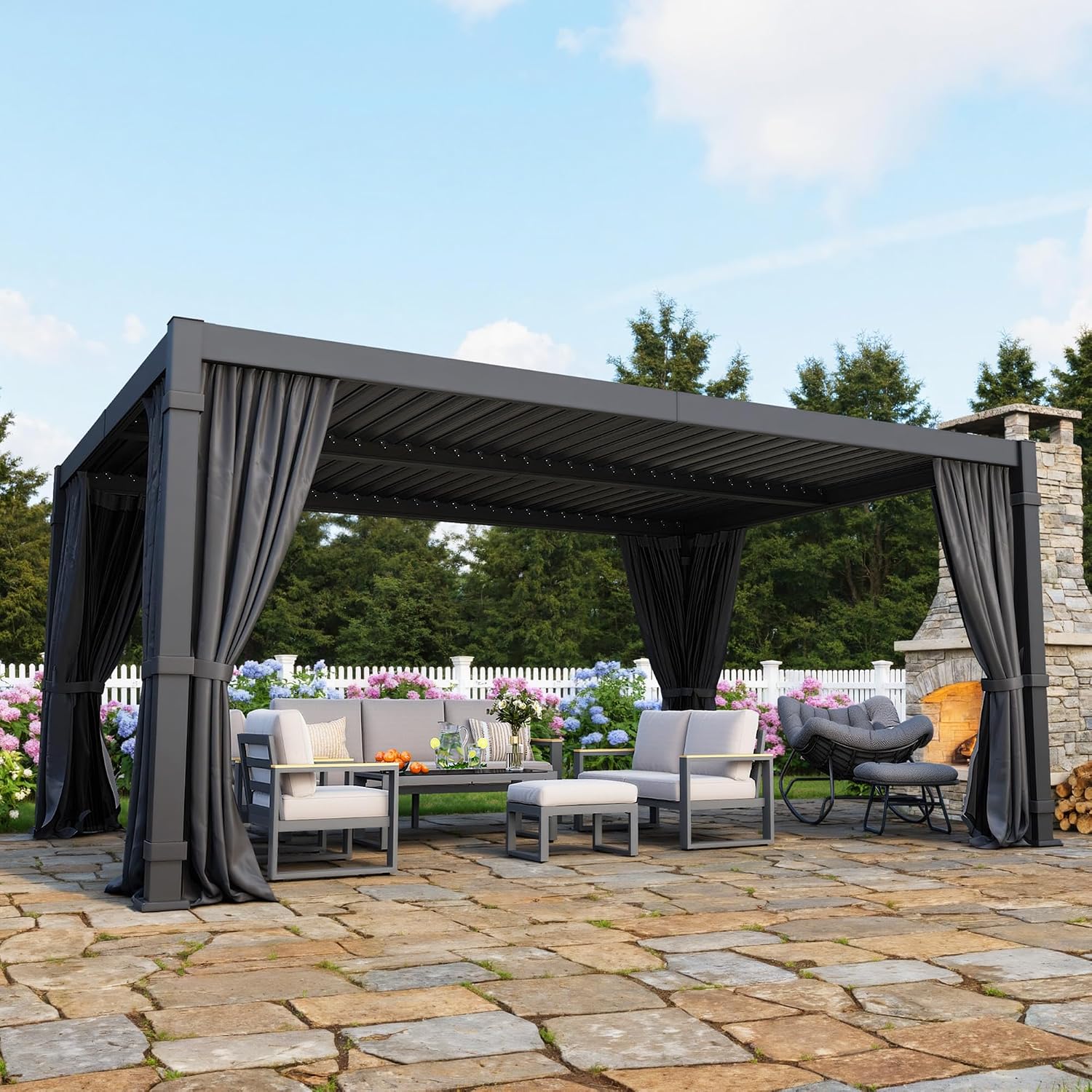 Kiss the Water 12'x16' Adjustable Louvered Pergola with Curtains & Netting, Heavy-Duty Metal Outdoor Gazebo with Adjustable Roof and Gutter System, Hardtop Patio Pergola for Garden, Yard, Dark Gray