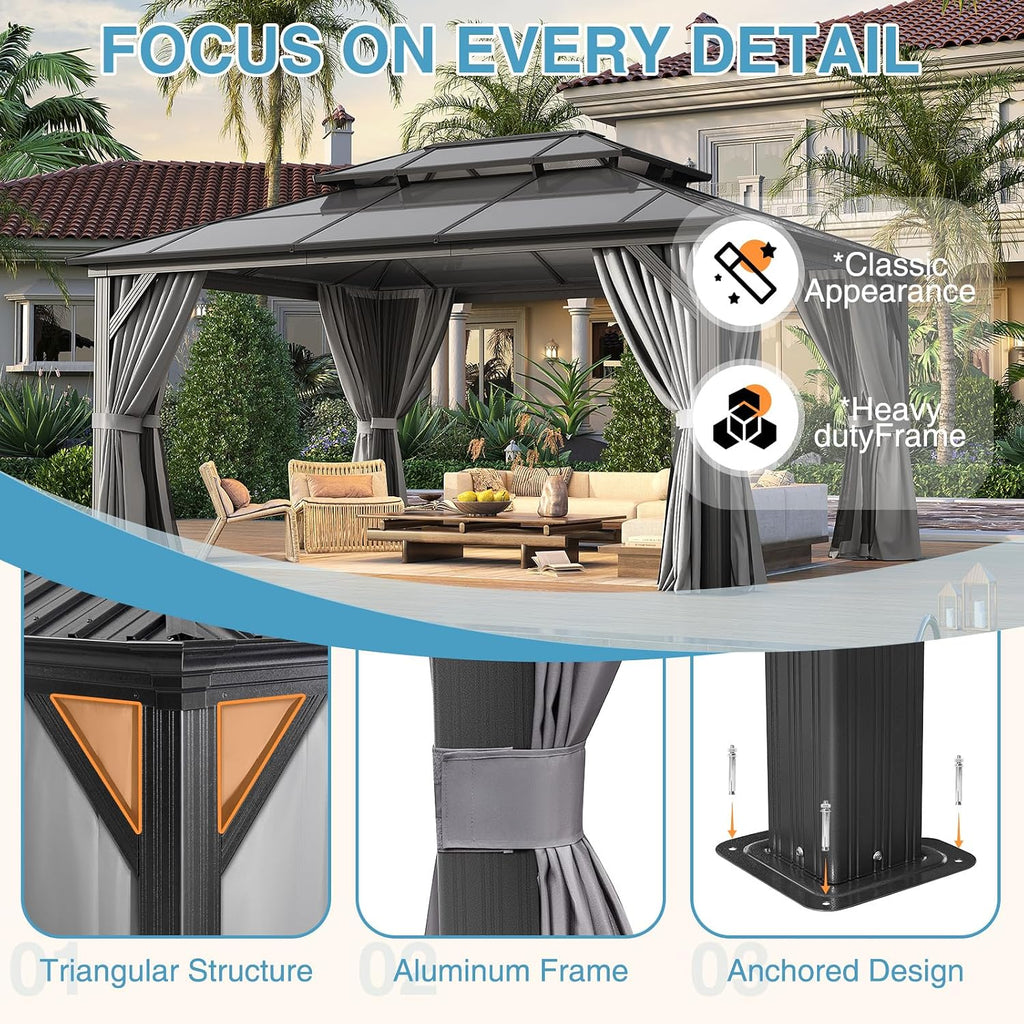 12' x 16' Double Roof Gazebo with Dark Gray Polycarbonate Panels, Sturdy Aluminum Frame, Weather-Resistant Pavilion with Curtains for Outdoor Patio, Garden, and Backyard