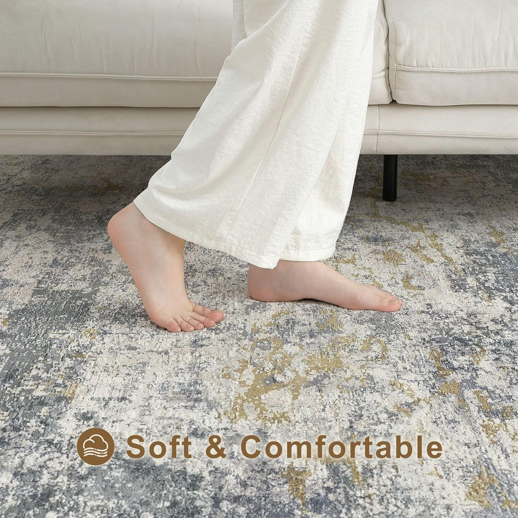 kakania 10x12 Washable Area Rug: Abstract Modern Non Slip Soft Low Pile Carpet, Easy Clean Polyester Kid Pet Friendly, Thin Rug for Living Room Bedroom Kids Dorm Office, Robot Vacuum - Blue Grey