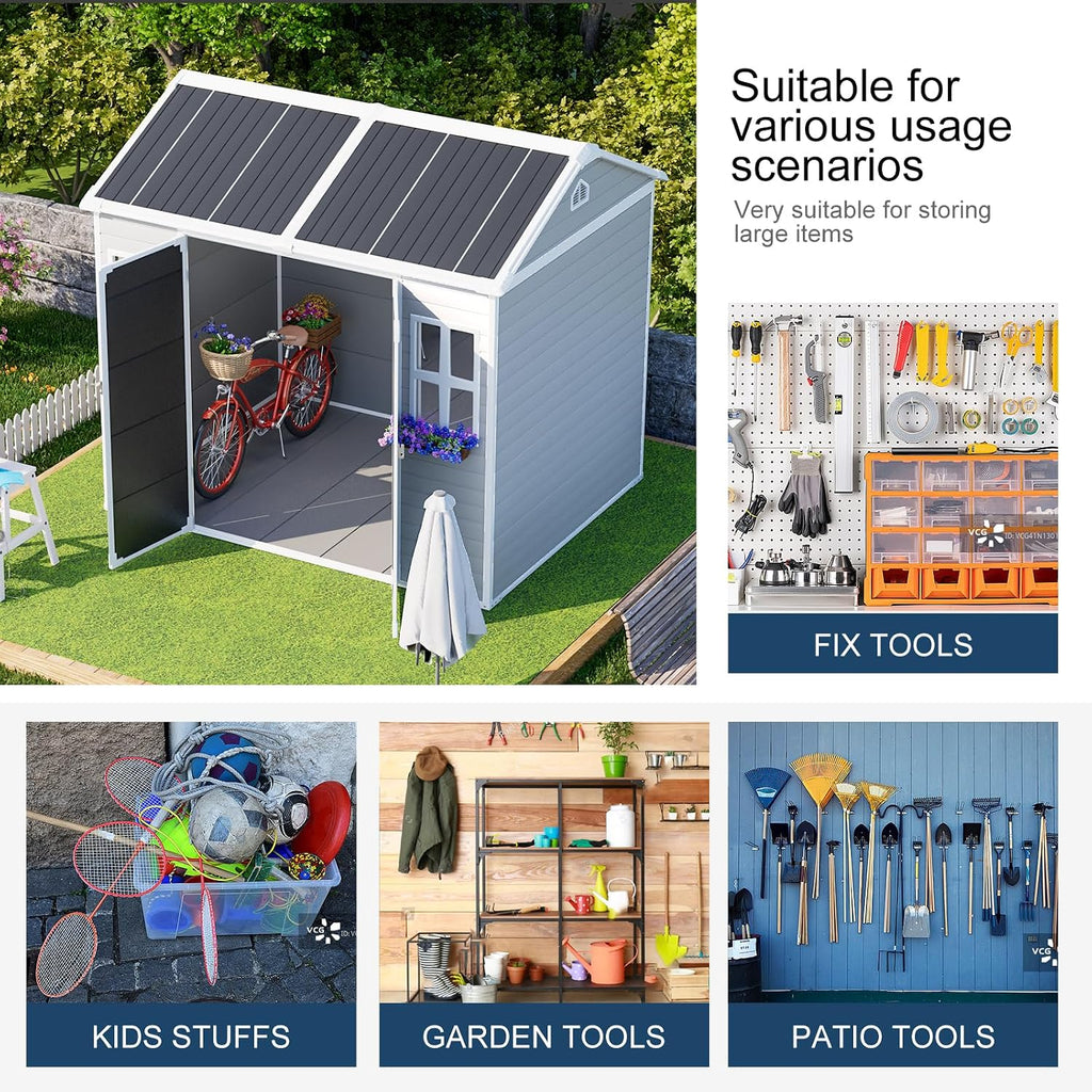 8x6 FT Resin Storage Sheds with Floor Windows, Waterproof Plastic Outdoor Shed Kit, Outside Tools Sheds for Backyard Garden Patio Lawn
