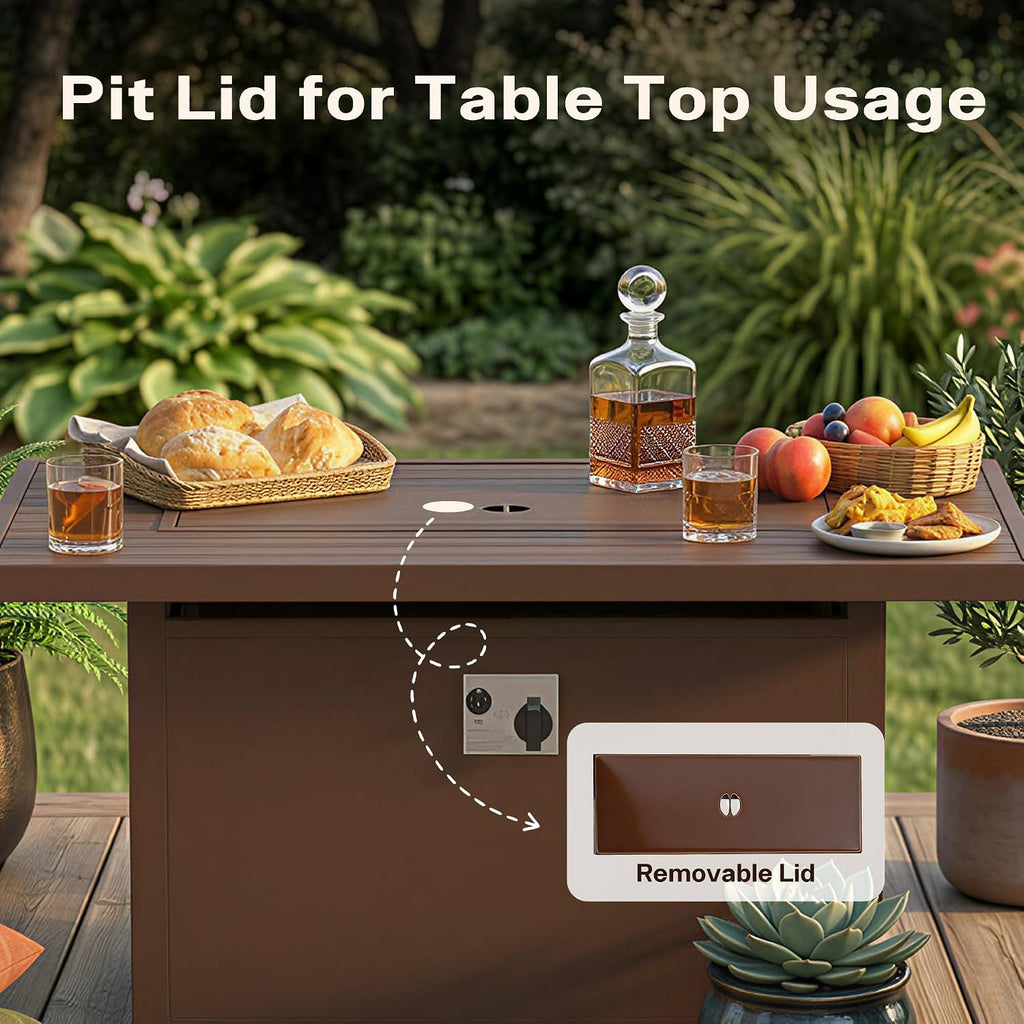 43' Aluminum Propane Fire Pit Table with 55,000 BTU, Rectangle Outdoor Gas Fire Table with Glass Wind Guard, Glass Stones & Waterproof Cover, Patio Fire Table for Backyard, Deck, Garden, Brown