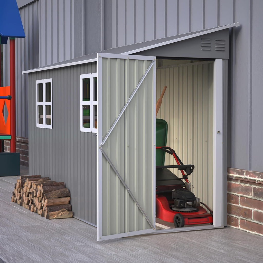 YOPTO 4x10 FT Lean to Outdoor Storage Shed with Floor Kit,Metal Shed W/Left/Right Optional Lockable Door & 2 Windows,Garden Tool Storage House W/Air Vents & Sloping Roof,for Backyard,Patio,Gray