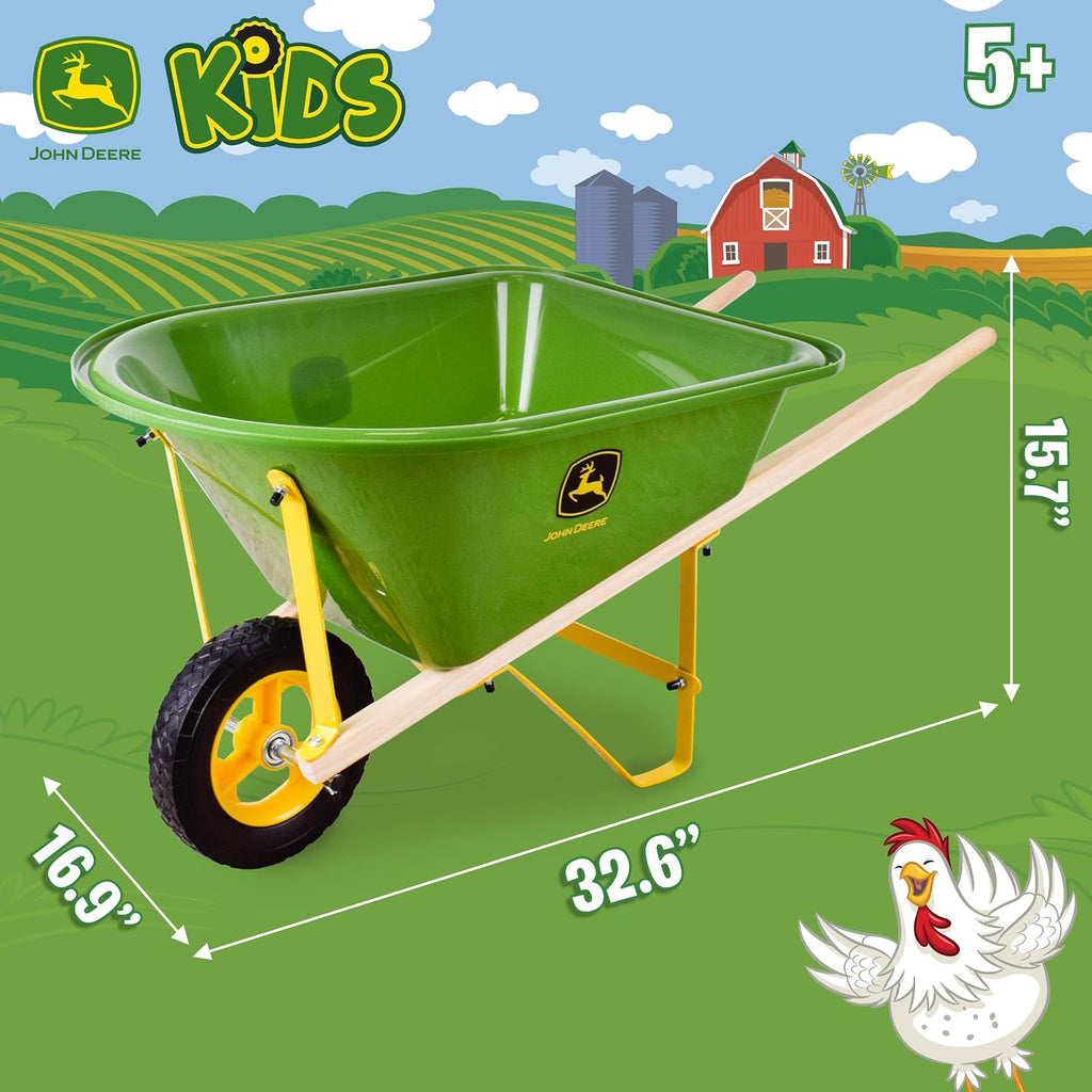 John Deere Deluxe 34' Wheelbarrow and Garden Set Includes 5 Realistic Gardening Tools,Gardening Apron, Gardening Gloves, Large Metal Wheelbarrow with Wooden Handles, Outdoor Toy Ages 5+