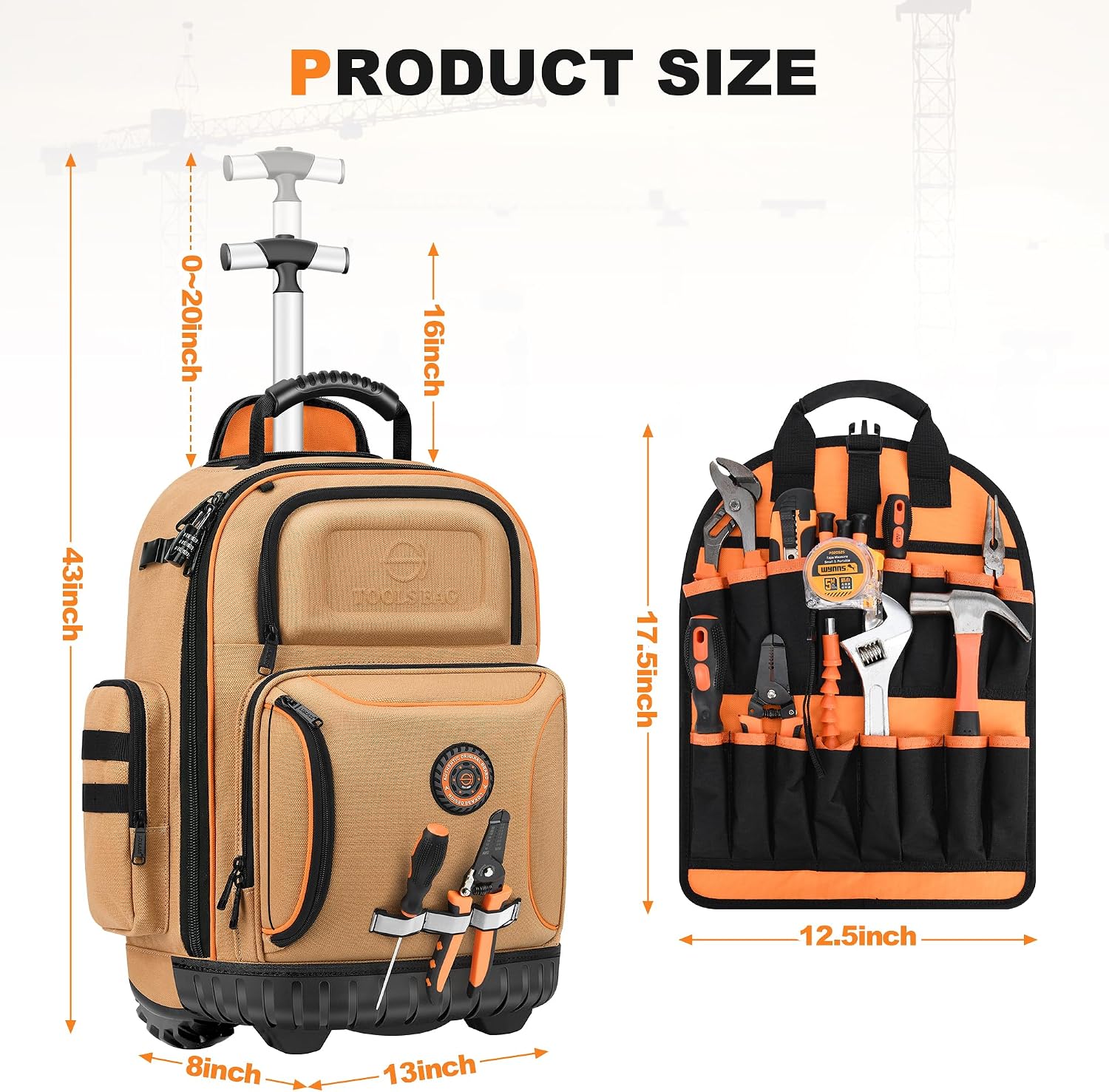 Backpack Tool Bag with Wheel, Rolling Tool Backpack for Electrician Heavy Duty Roller Tool Bag on Wheel for Construction Work, 75 Pockets & Loops Tool Backpack with Molded Base and Lock - Brown