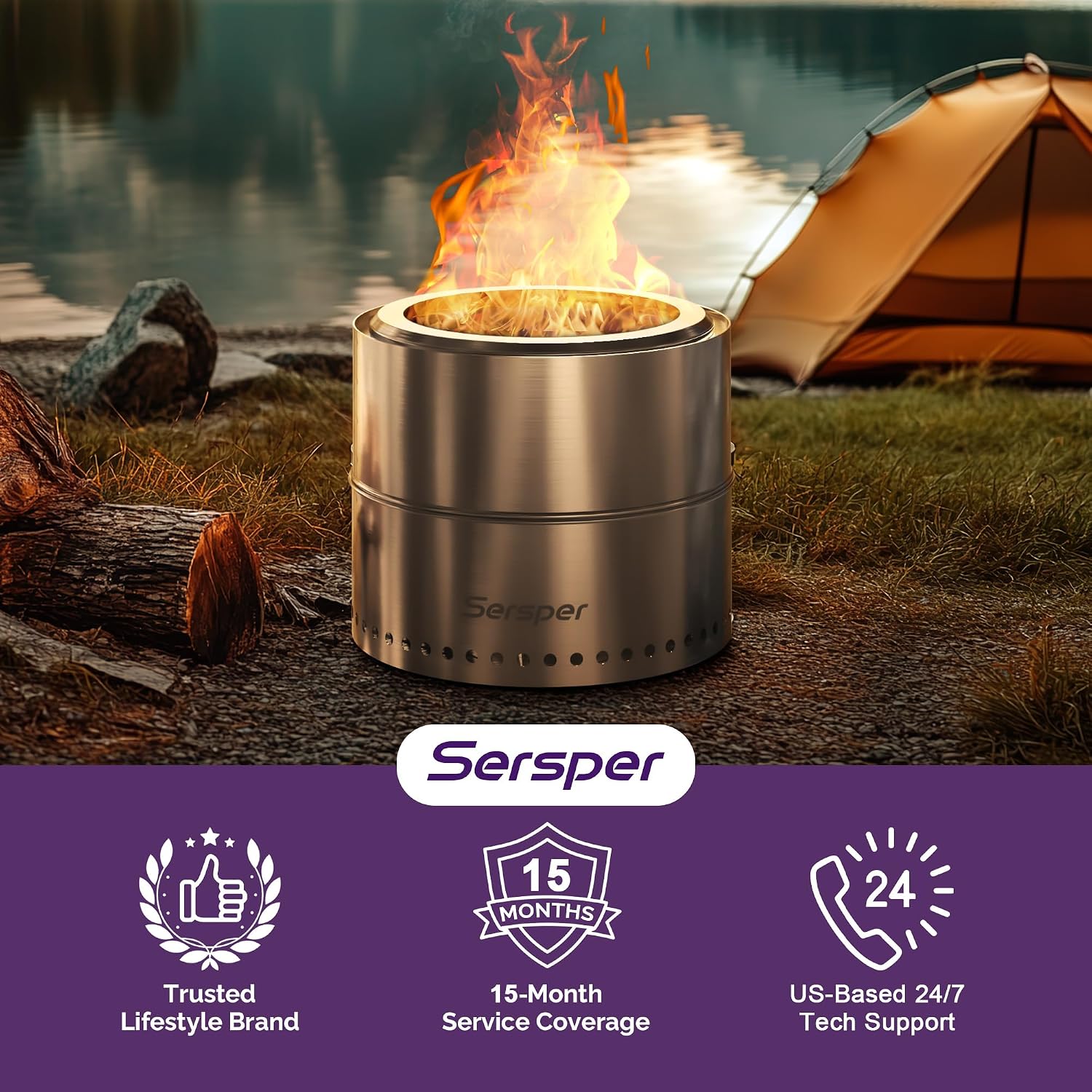 Sersper Fire Pit, 19'' Smokeless Firepit for Outdoor, Portable Wood Burning Bonfire with Removable Ash Pan, Outside Fireplace for Camping, Patio, Picnic, Backyard, Carry Bag and Iron Hook Included