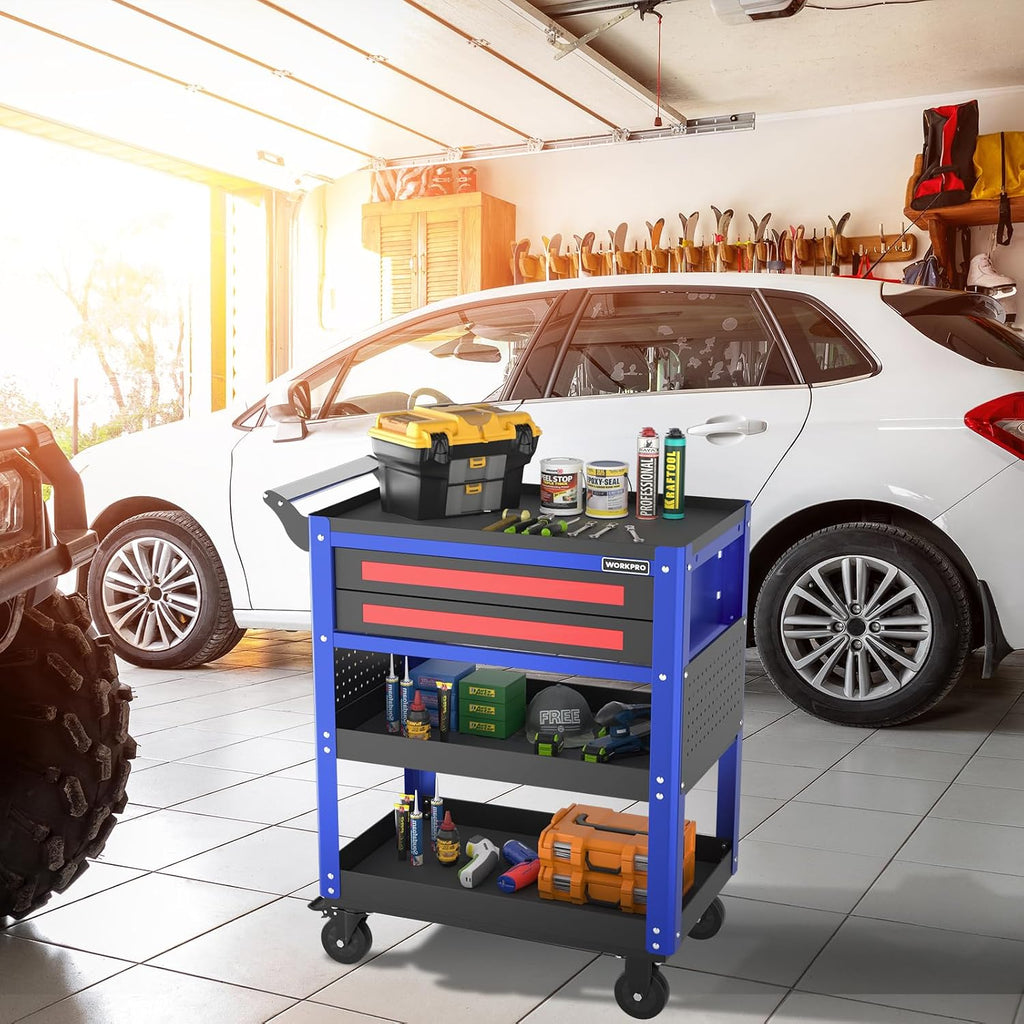 WORKPRO Premium 28' 2-Drawer Rolling Tool Cart, Heavy Duty Utility Industrial Service Cart Storage Organizer with Wheels and Locking System, for Mechanic, Warehouse, Garage, Workshop, 400 lbs Load