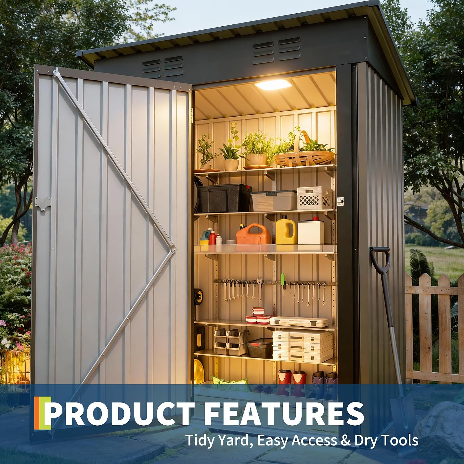 Garvee Metal Tool Shed with Single Door - Slanted Roof, Small Size, 5x3FT, Garden Storage, Outdoor Iron Tool Storage