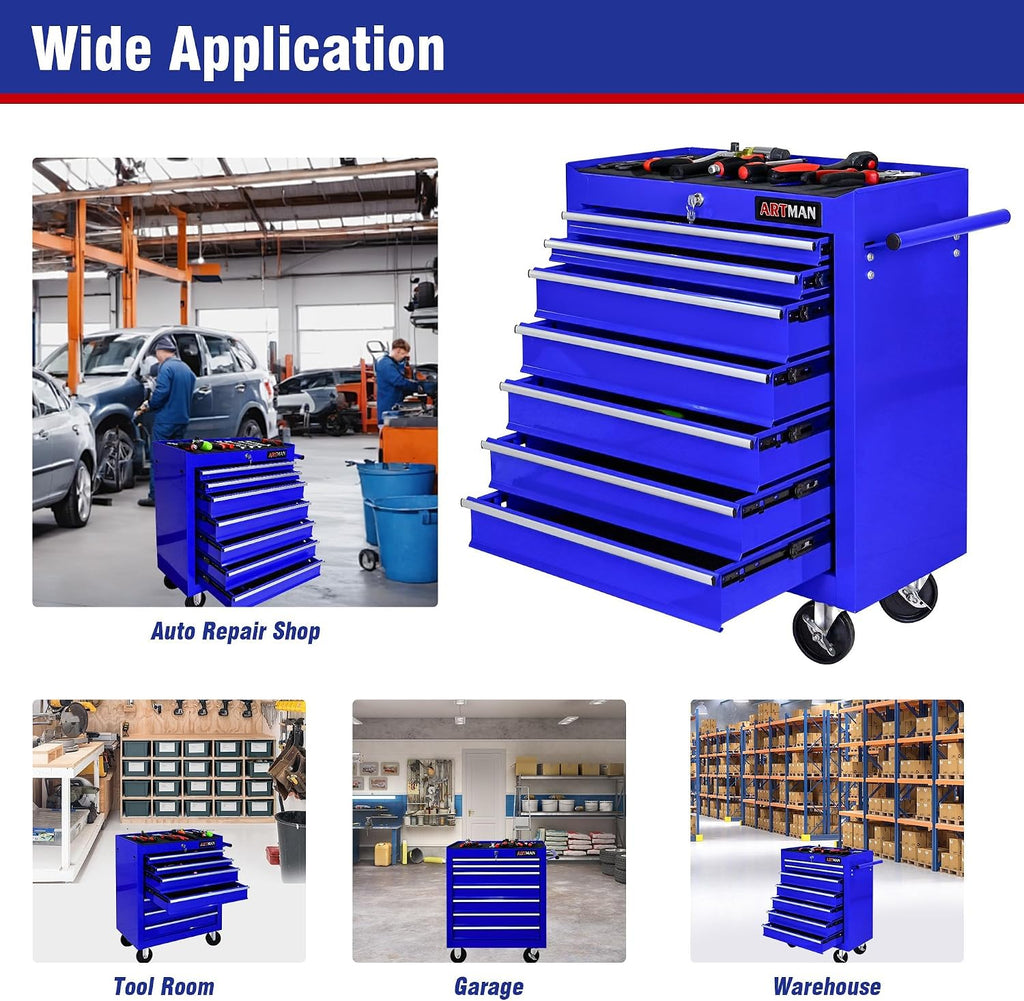 7 Drawers Rolling Tool Cart on Wheels, Multifunctional Organizer Tool Chest Tool Case, Trolley Tool Storage Tool Box for Workshop,Garage,Repair Shop (7 Drawers 24.2' W×12.9' D×29.9' H-Blue)