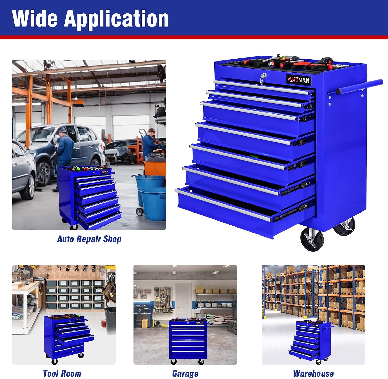7 Drawers Rolling Tool Cart on Wheels, Multifunctional Organizer Tool Chest Tool Case, Trolley Tool Storage Tool Box for Workshop,Garage,Repair Shop (7 Drawers 24.2' W×12.9' D×29.9' H-Blue)