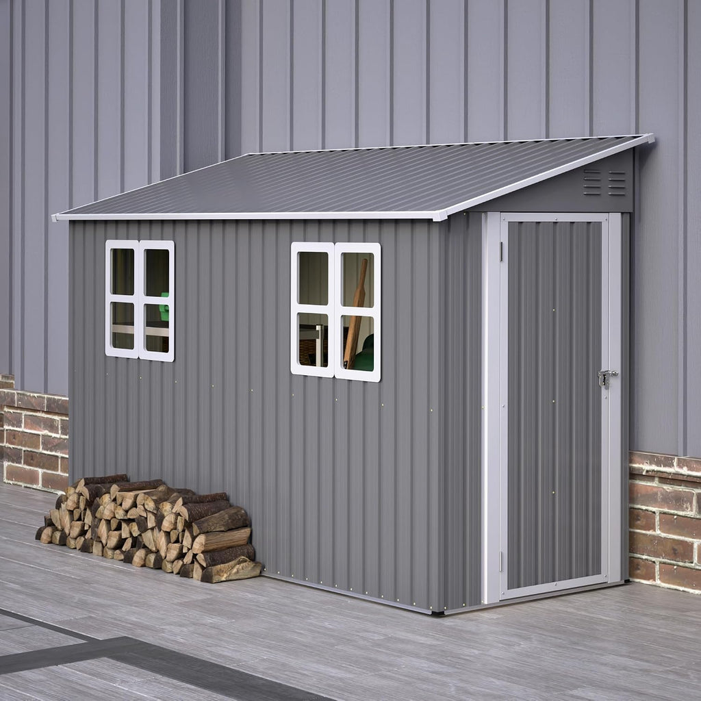 YOPTO 4x10 FT Lean to Outdoor Storage Shed with Floor Kit,Metal Shed W/Left/Right Optional Lockable Door & 2 Windows,Garden Tool Storage House W/Air Vents & Sloping Roof,for Backyard,Patio,Gray