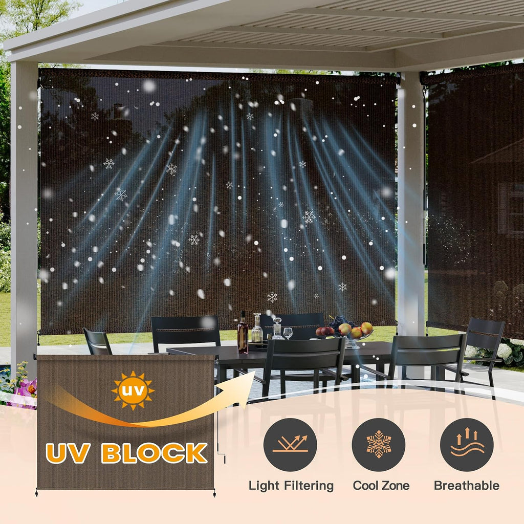 VICLLAX Customized Size Outdoor Roller Shade, Patio Cordless Roller Blinds, Exterior Roll Up Shade with Spliced Design for Patio Porch Gazebo
