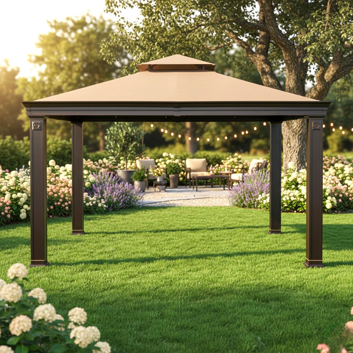 Garden Winds Reinforced Replacement Canopy Top Cover Compatible with The L-GZ025PCO7A Tivering Two Tiered 10' x 12' Gazebo - Classic Sand, Riplock 350