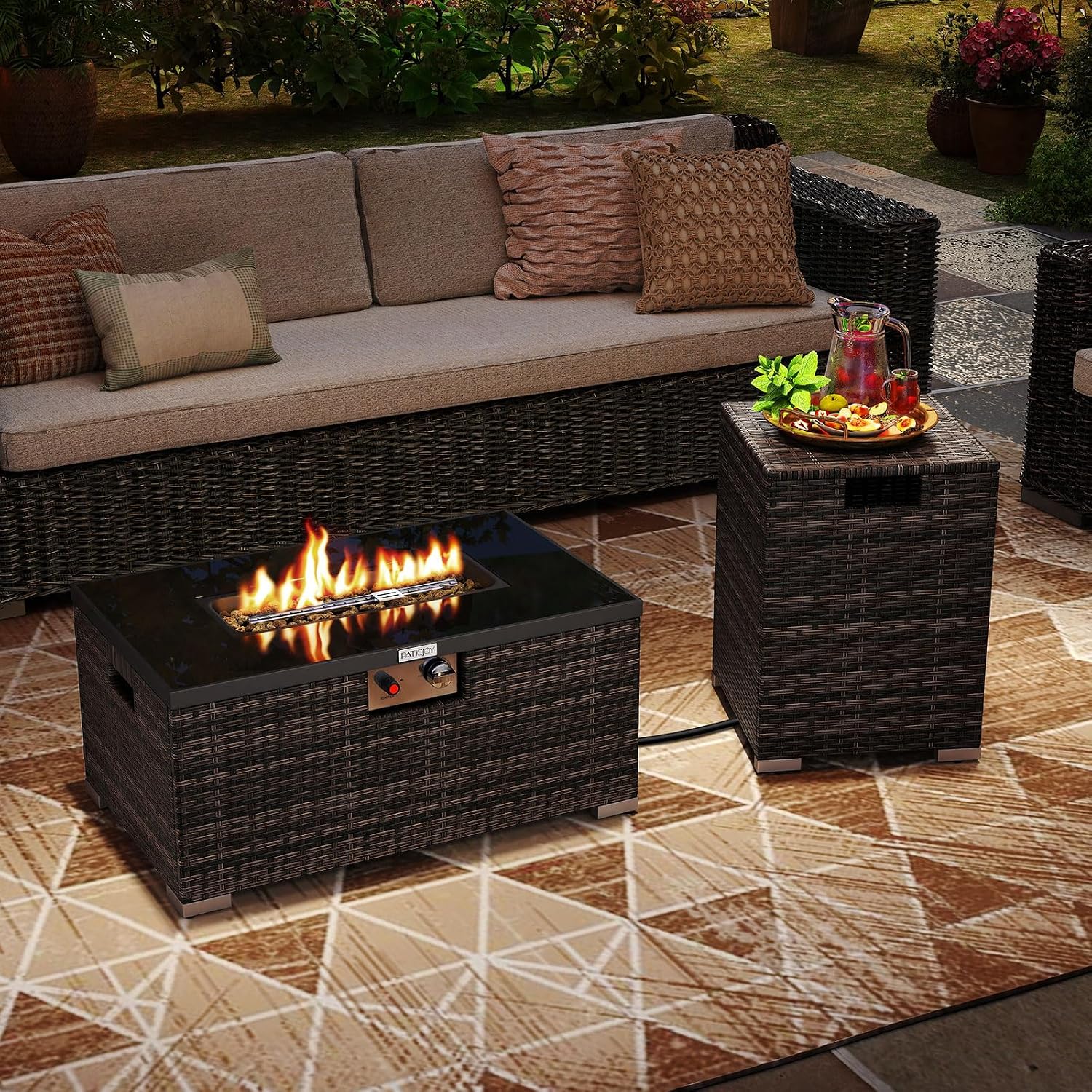 Tangkula 2 Piece Propane Fire Pit Table Set with Tank Cover, Outdoor Rattan Gas Firepit with Lid, Tempered Glass Tabletop, Protective Cover, 40,000 BTU Rectangle Fire Table Set for Outside (Mix Brown)
