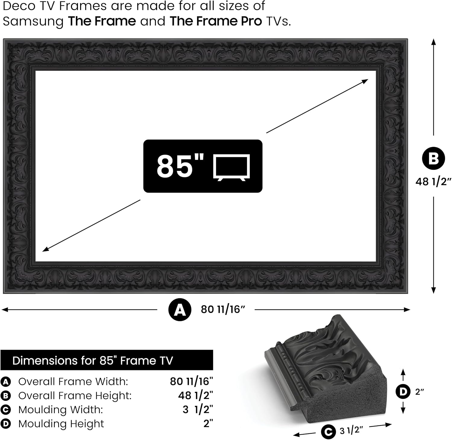 Tuscan Matte Black 85' Premiere Deco TV Frame - Compatible ONLY with Samsung The Frame TV and Pro TVs (Fits 2021-2026, LS03A, LS03B,LS03C,LS03D,LS03FA,LS03FW)