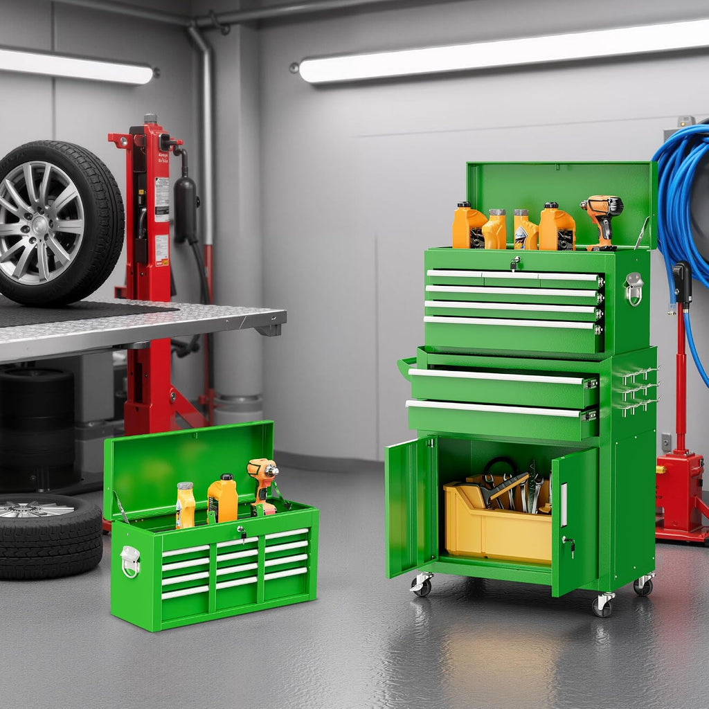 Bonusall 8 Drawer Rolling Tool Chest and Cabinet Combo,Heavy-Duty Metal Garage Tool Chest with Wheels and 2 Doors,2-in-1 Top Box and Roller Cabinet Combo for Garage, Workshop, Warehouse-Green