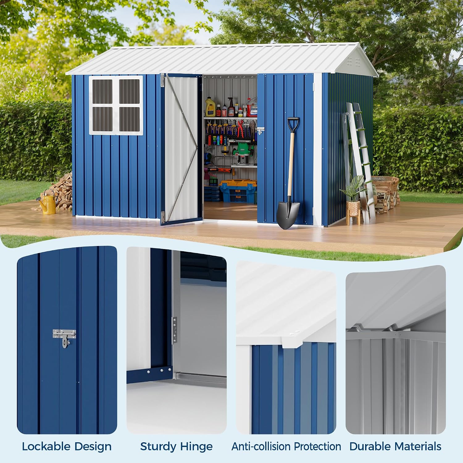 Garvee 10X8 FT Storage Shed with Cross Windows & Double Doors, 450 Cu Ft Large Outdoor Tool Shed, Garden Shed for Riding Mower, Bike, Lawn Equipment - All Weather Meta
