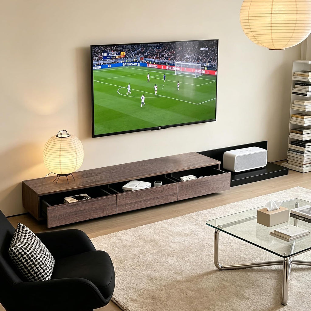 Telescoping TV Cabinet, 70.9 to 110.2 Inch Entertainment Center, Fits 85 Inch TV with 3 Drawer Media Cabinet, Walnut + Matte Black, Modern Living Room Bedroom Organizer