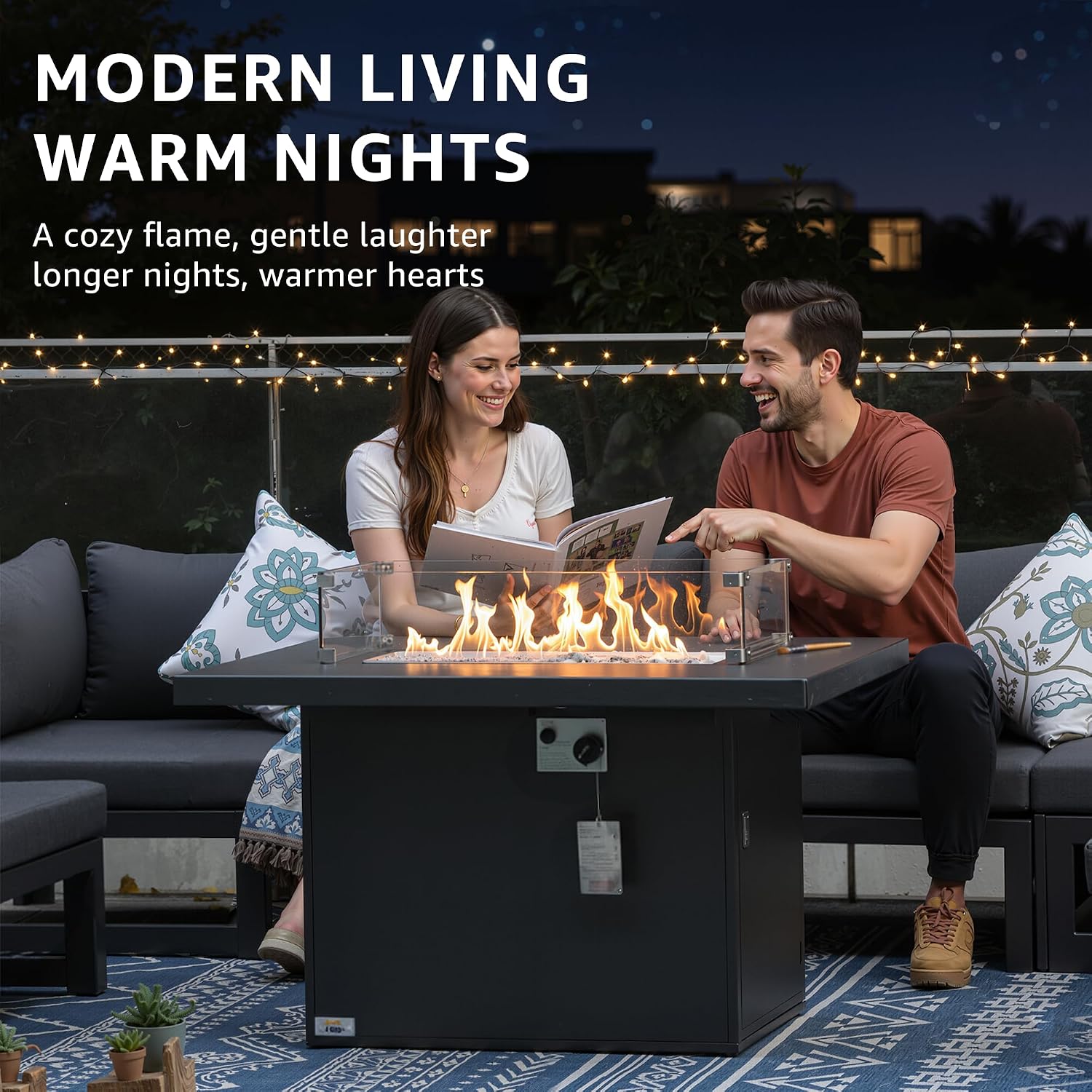 NICESOUL 43'' Aluminum Fire Pit Table, 60,000 BTU Propane/Natural Gas Outdoor Firepit with Wind Guard & Glass Rocks, All-Weather Rectangular Fireplace for Outside Patio CSA-Certified, Ember Black