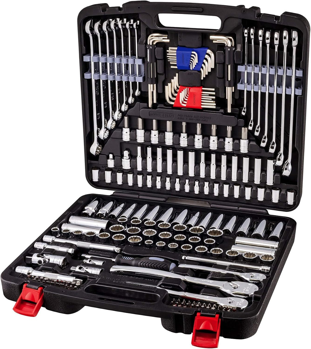 Powerbuilt 200 Piece 1/4-inch, 3/8-inch, and 1/2-inch Drive Mechanics Tool Set - with SAE and Metric Socket Set, Powerbuilt XT 90 Tooth Seal-Head Ratchets, including Case - 642472