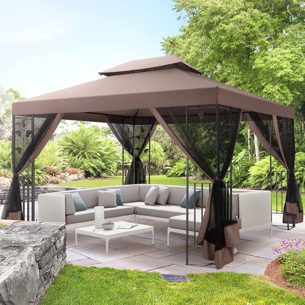 COBIZI Gazebo 10x13 Heavy Duty Gazebos with Improved Nettings Outdoor Gazebo Double Roof Patio Gazebos with Metal Steel Frame Outdoor Canopy for Patio, Deck, Backyard (Brown)