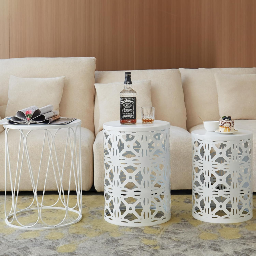 Y&M Set of 3 Stacking Coffee Table for Living Room, Round Metal Coffee Table, Indoor End Tables, Outdoor Garden Stool with Heavy Duty Metal Frame Modern Industrial Decor - Pure White (Ship from US)