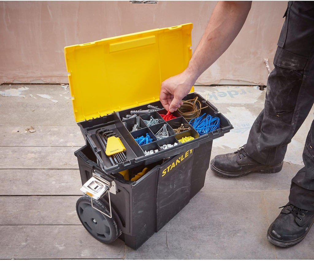 STANLEY 3 in 1 Rolling Work Centre Toolbox with Pull Handle, Detachable Toolbox with Portable Tote Tray, 1-70-326, Black