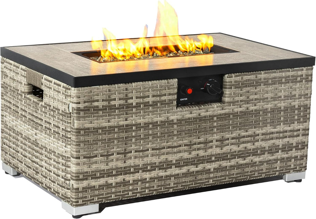 32in Gas Fire Pit Table Set, 50,000 BTU Propane Fire Pit Table Outdoor with Rain Cover, Hideaway Tank Holder Fits 20lb Tank, Gas Fire Pit for Outside w/Ceramic Tabletop and lid, Glass Rocks.