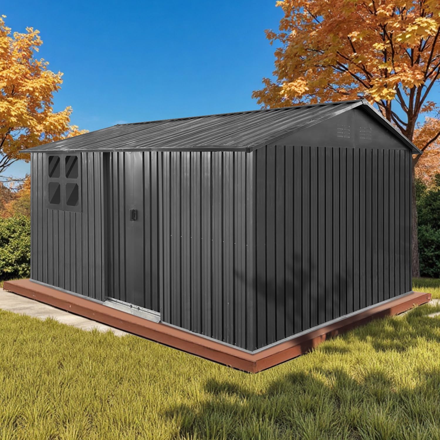LINKHOO 12'x10' Metal Garden Shed，with Window & Sliding Door，Black