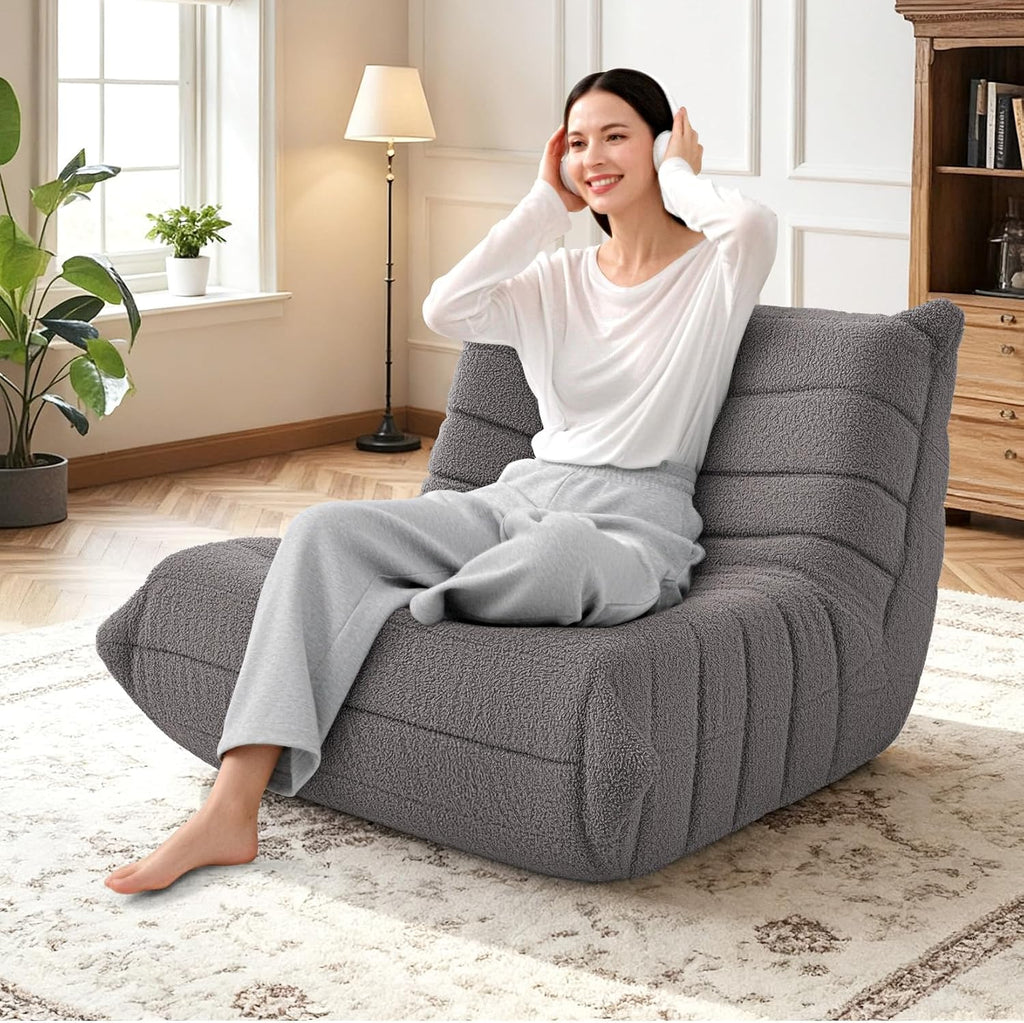 HABUTWAY Bean Bag Chairs Fireside Lazy Floor Sofa, Soft Teddy Fleece Bean Bag Sofa with High-Resilience Foam Filling，Beanbag for Living Room, Bedroom, Office (Dark Grey Teddy)