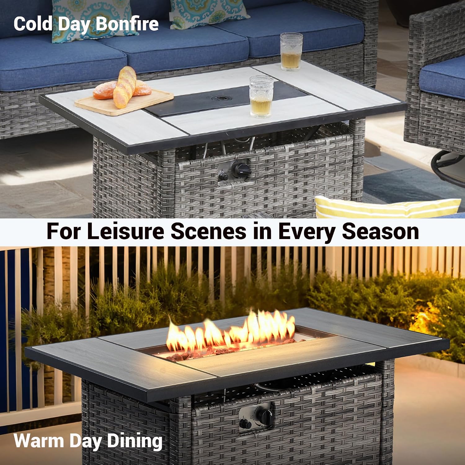 OVIOS 42 Inch Outdoor Patio Fire Pit Table, 50,000 BTU Heater PE Rattan Propane Firepits with Ceramic Tabletop, Waterproof Cover, Steel Lid and Lava Rock, Rectangular, Grey