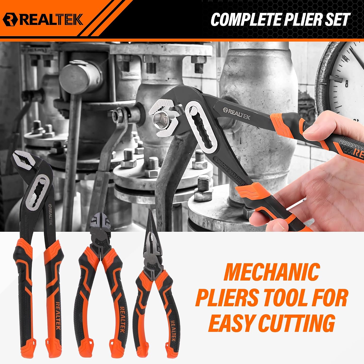 REALTEK 100 Piece Mechanic Tool Set, Car Tool Kit, Cr-V Socket Wrench Auto Repair Kit Includes Socket Accessories, Pliers, Heavy Hammer, Screw Drivers, General Households Tools with Larger Case