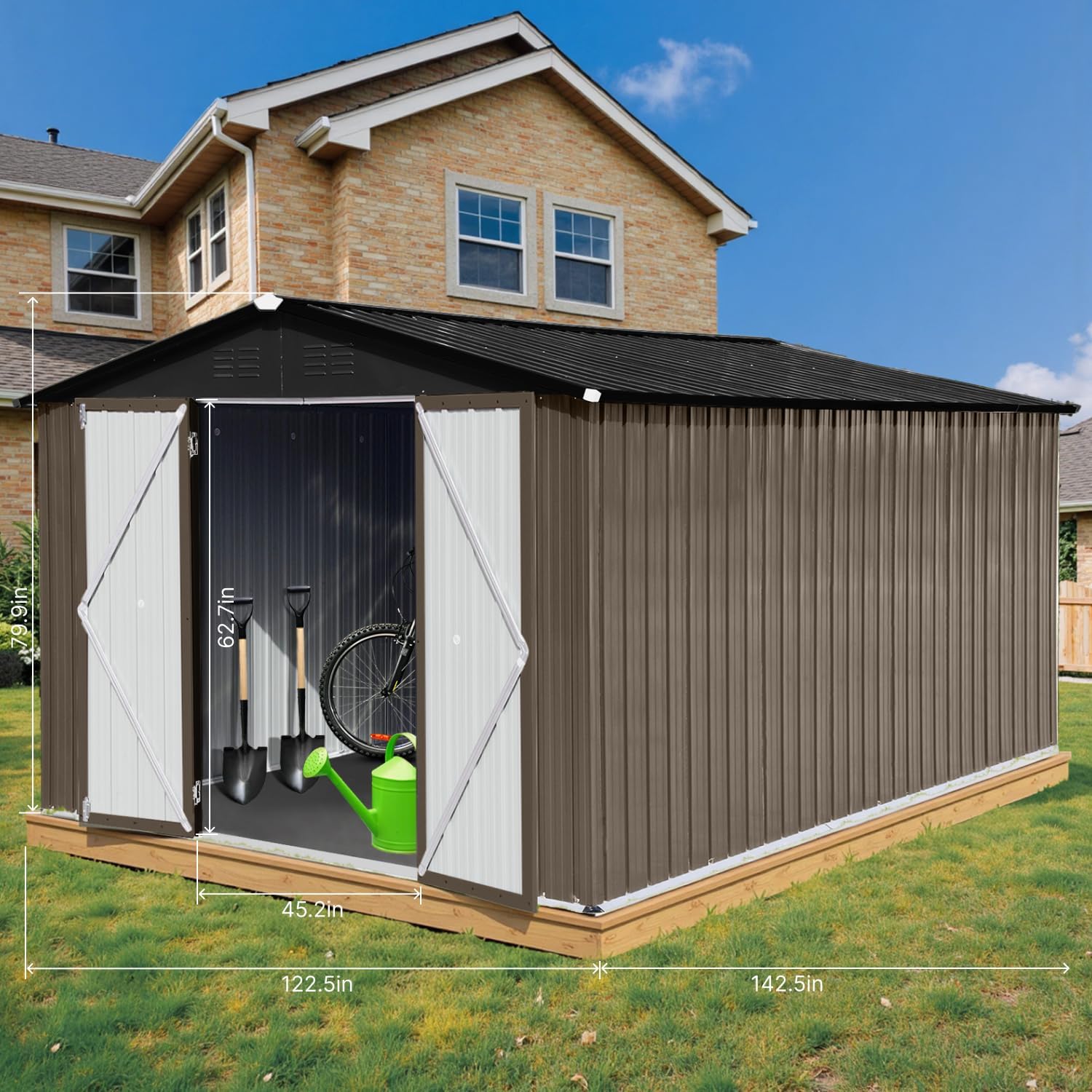 LINKHOO 12'x10' Metal Garden Shed,Outdoor Storage, Brown & Black