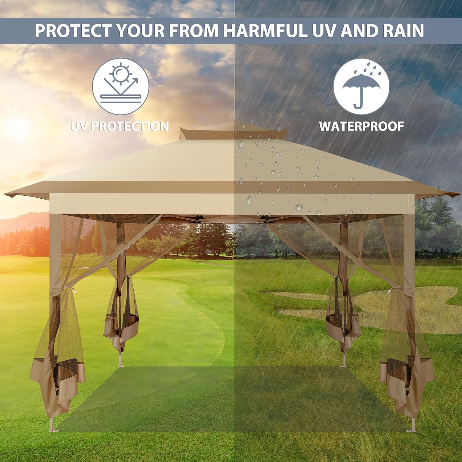 COBIZI Pop Up Gazebo 11x11 One-Push Canopy Tent, Carpas Para Patio, Outdoor Canopy Shelter with Double Roof Ventiation 121 Square Feet of Shade for Lawn, Garden, Backyard and Deck, Khaki(Upgraded 2.0)