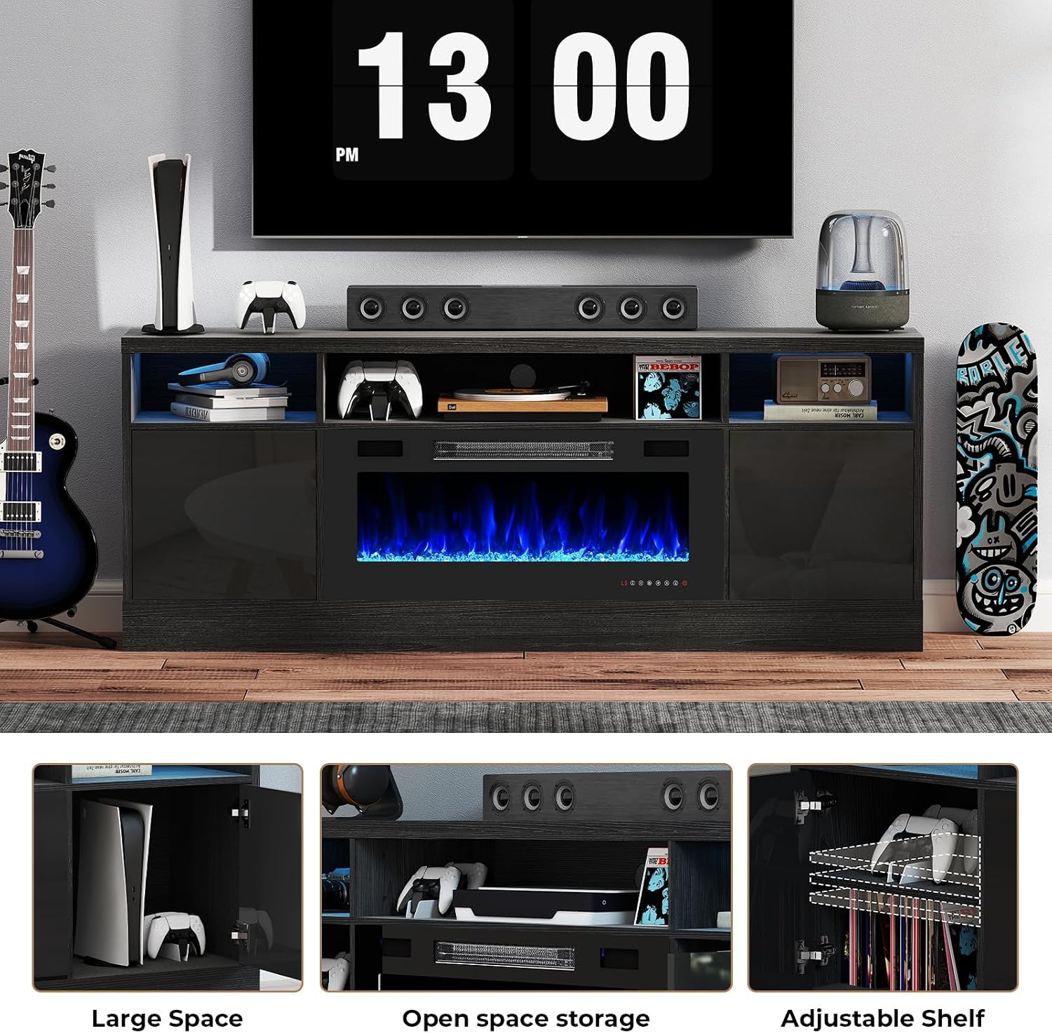 70' Fireplace TV Stand for TVs Up to 80', LED Light Media Console with 36' Electric Heater, Storage Cabinet, Black Entertainment Center for Living Room