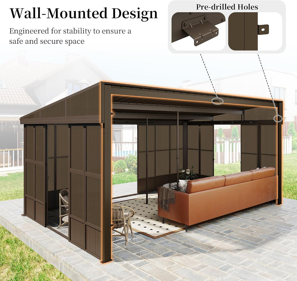 Domi 12x16FT Sunroom, Wall Mounted Sunroom Kit with Galvanized Steel Sloping Roof, Outdoor Sunroom Gazebo with Detachable PC Screen, 3 Sliding Double Doors, Lean to Sun Room for Patio, Deck