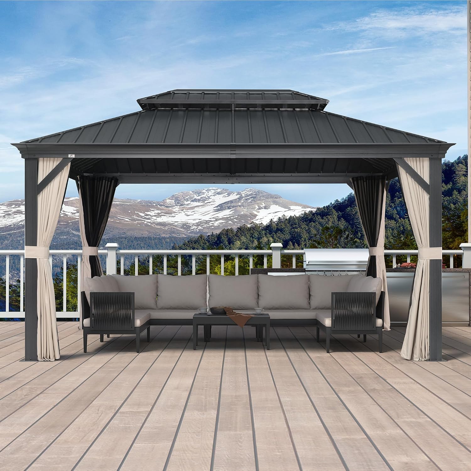 PURPLE LEAF 10' X 14' Aluminum Gazebo with Galvanized Steel Double Roof Permanent Hardtop Gazebo for Patio Lawn and Garden Included Netting and Beige Curtains