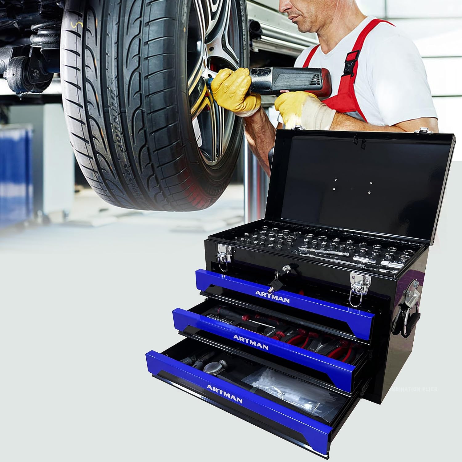 439-Piece Mechanic Tool Set in Heavy-Duty 3-Drawer Steel Box with 4-Tier Socket, Wrenches & Pliers. Portable Household Tool Kit Organizer Case for Auto Repair, Garage, Workshop. Blue