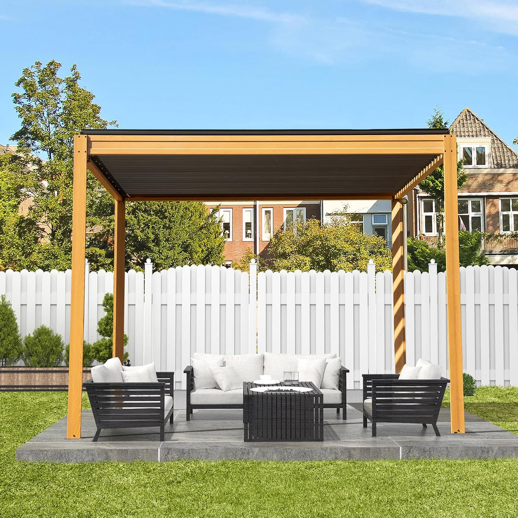 Domi Louvered Pergola 10x10FT, Outdoor Wood Grain Pergola Aluminum Frame with Adjustable Rainproof Metal Roof, Permanent Sun Shade with Drainage System for Deck Garden Yard
