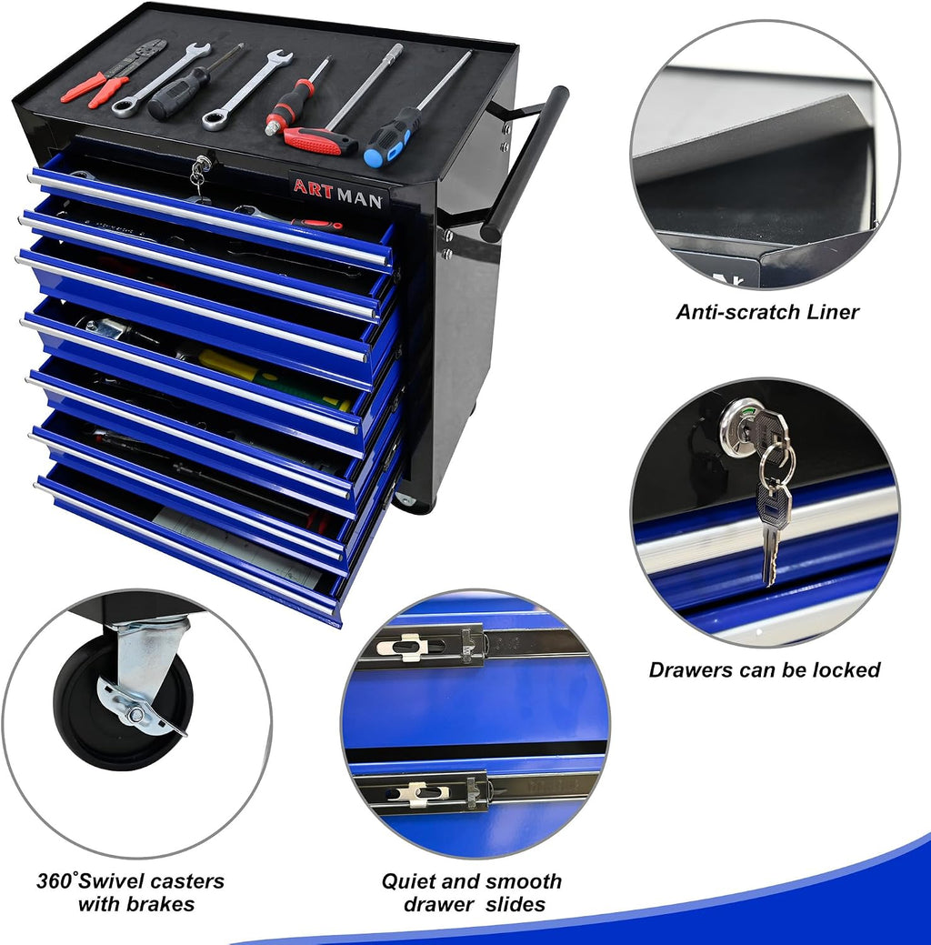7 Drawers Tool Cart on Wheels, 7 Drawer Rolling Tool Chest with Key Lock, Trolley Organizer Tool Case, Multifunctional Rolling Tool Box for Garage,Warehouse,Workshop,Repair Shop (Black+Blue)
