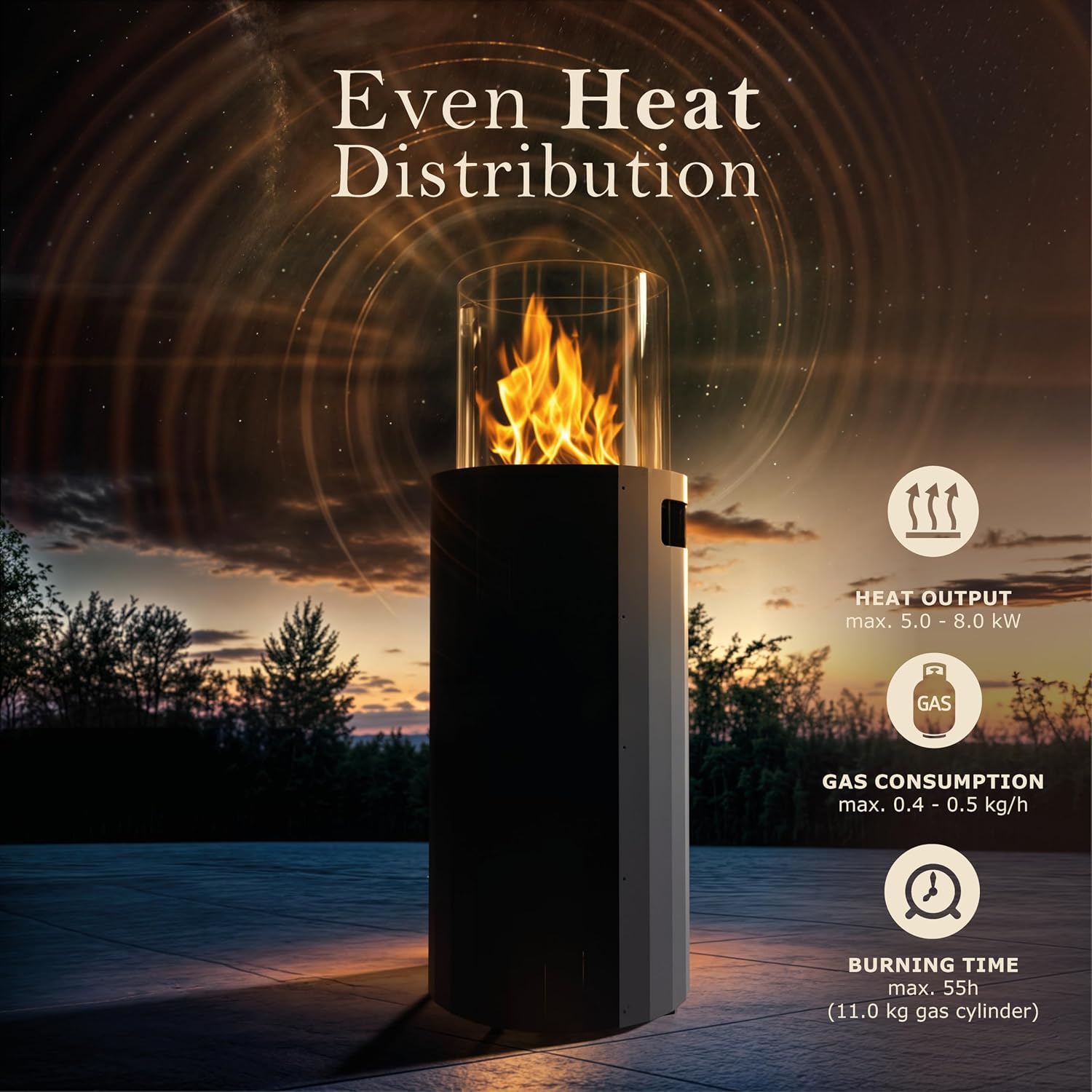 Planika BINO Outdoor Gas Fireplace - Fire Column with Glass Shield for Patio or Gardens (Outdoor Cover Incl) (Black)