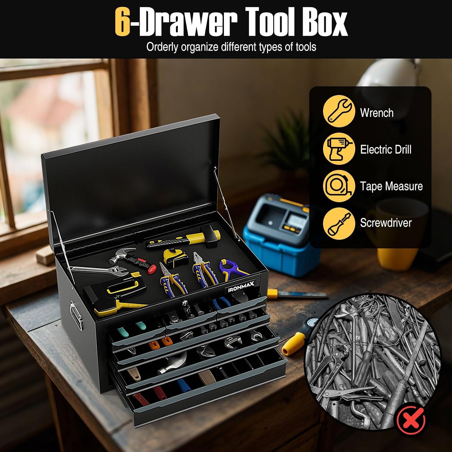 ERGOMASTER Steel Tool Box, 24'' Metal Tool Box with 6 Drawers, Lockable Heavy Duty Tool Chest Cabinet Storage Toolbox for Garage, Workshop, Repair Shop (Black-6 Drawers)