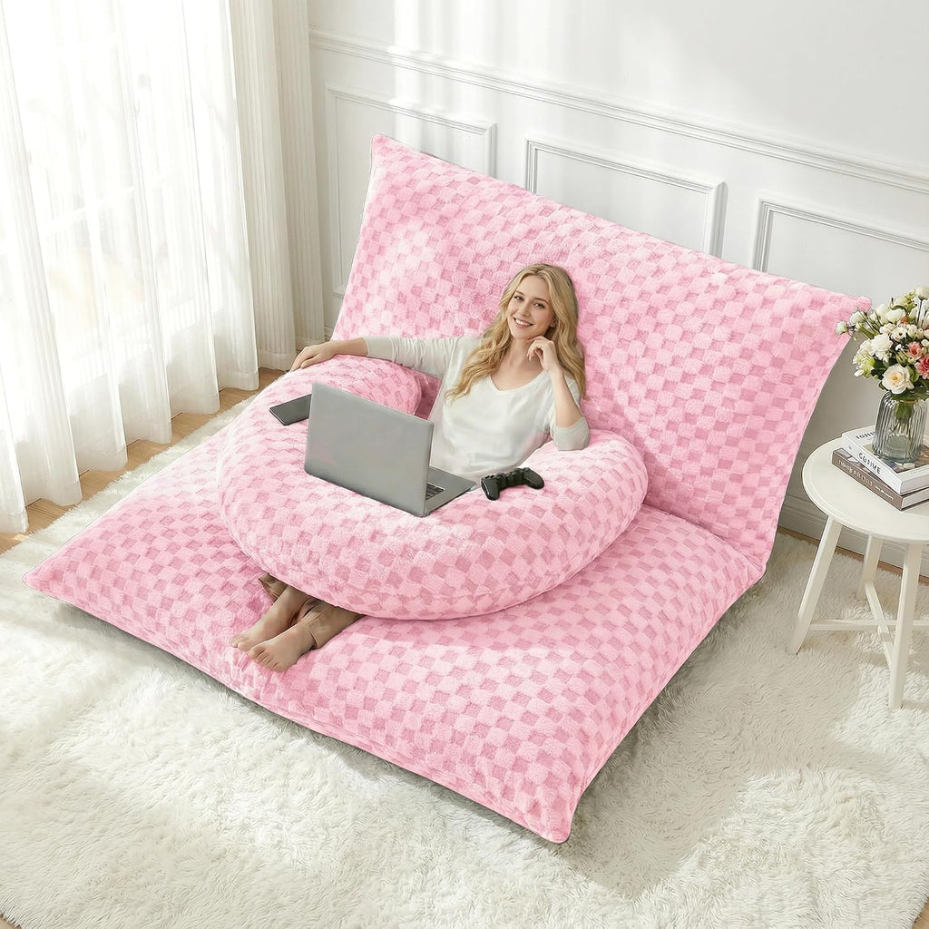 HABUTWAY 3 in 1 Bean Bag Chair with Portable U-Shaped Pillow, Giant Bean Bag with Washable Cover, Convertible Sofa Bed (Pink)