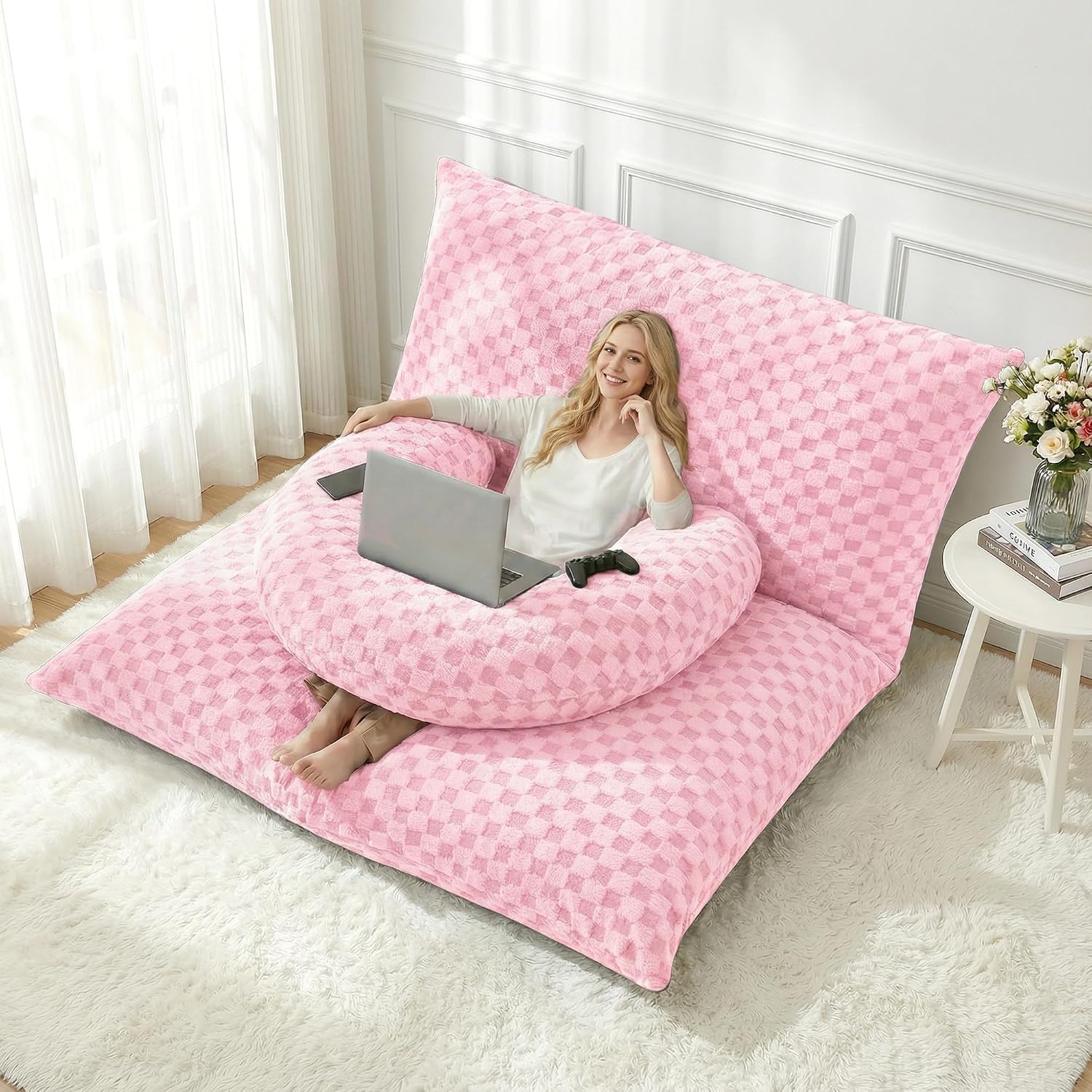 HABUTWAY 3 in 1 Bean Bag Chair with Portable U-Shaped Pillow, Giant Bean Bag with Washable Cover, Convertible Sofa Bed (Pink)