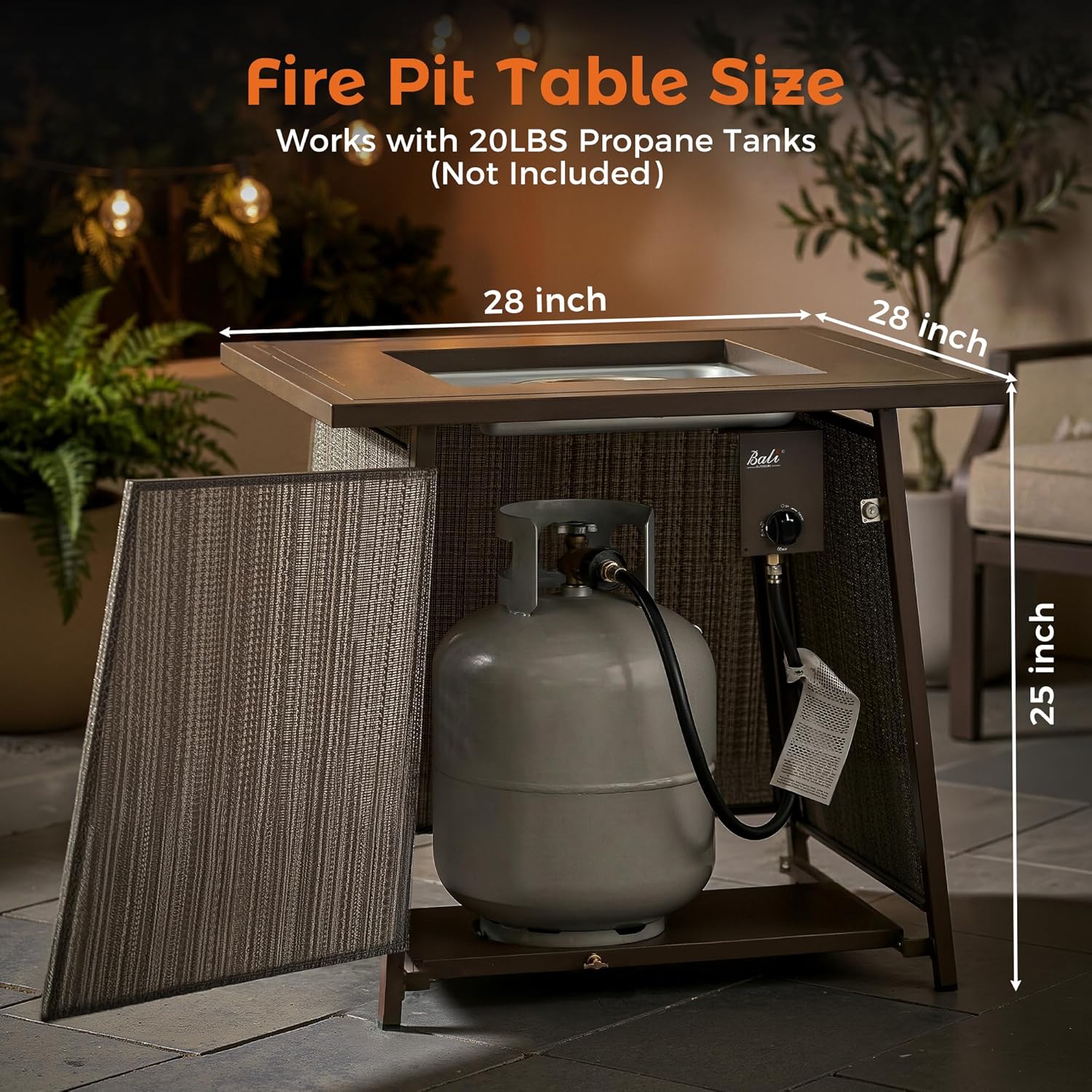 BALI OUTDOORS 50,000 BTU Propane Fire Pit Outdoor, 28 inch Propane Fire Pit Table Square, Gas Firepits for Outside Patio, Garden, Backyard